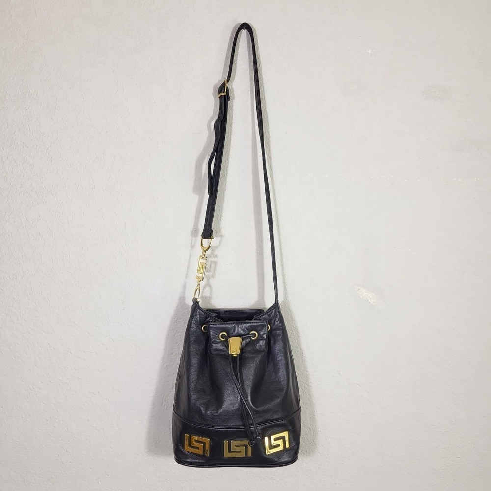 Vintage Black Leather Greek Key Greca Bucket Bag Crossbody Gold